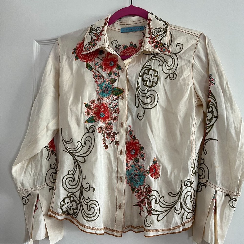 JOHNNY WAS SILK BUTTON UP BLOUSE SIZE XS